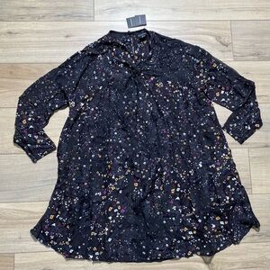 Club Monaco Black Floral Tie-Neck Long Sleeve Dress